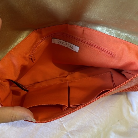 Kenneth Cole Reaction | Faux Snakeskin |Orange & Gold | Envelope Clutch/ Purse - Picture 7 of 15